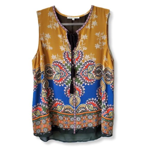 Women Boho Tassel Sleeveless Top Blouse XL Floral Colorful Casual Career Artsy - Picture 9 of 9